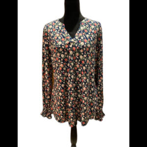 Womans Blouse Plus Size XL Top Navy Floral V Neck Pullover Stretchy Long Sleeve